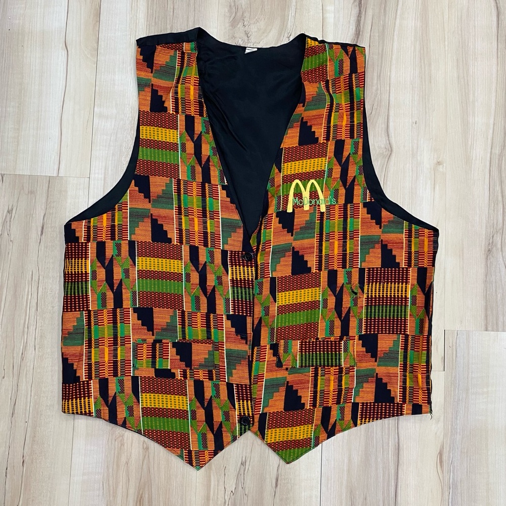 Vintage McDonald's employee vest with a Kente cloth pattern size Large The patch